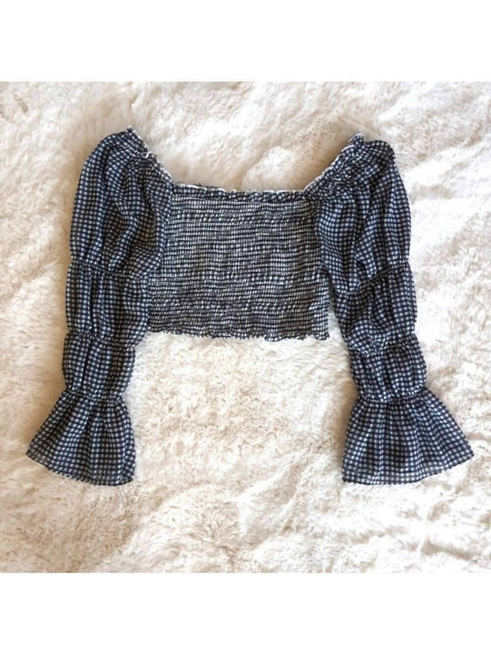 Cotton On Cropped Smock Top Womens S Navy Blue Sheer Long Sleeves Bell